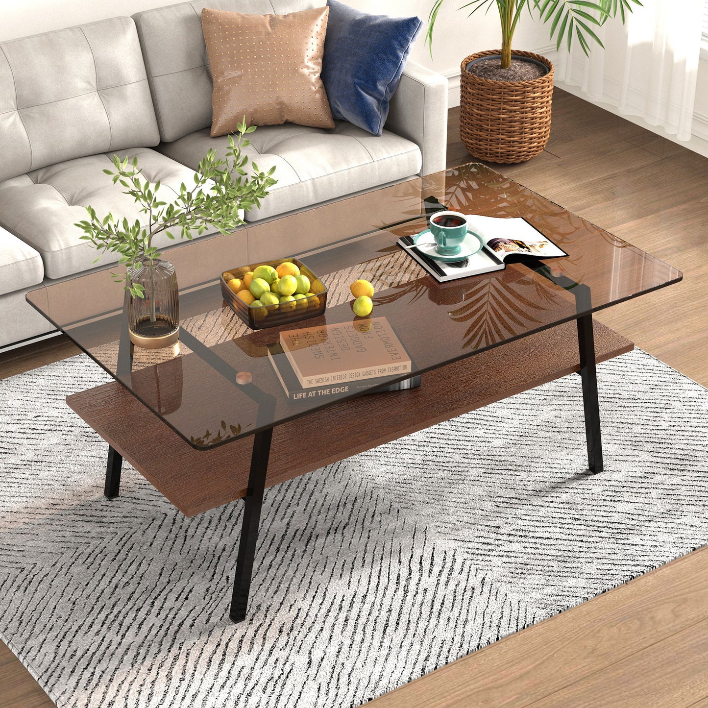 Rectangle Coffee Table, Tempered Glass Tabletop Modern Table For Living Room