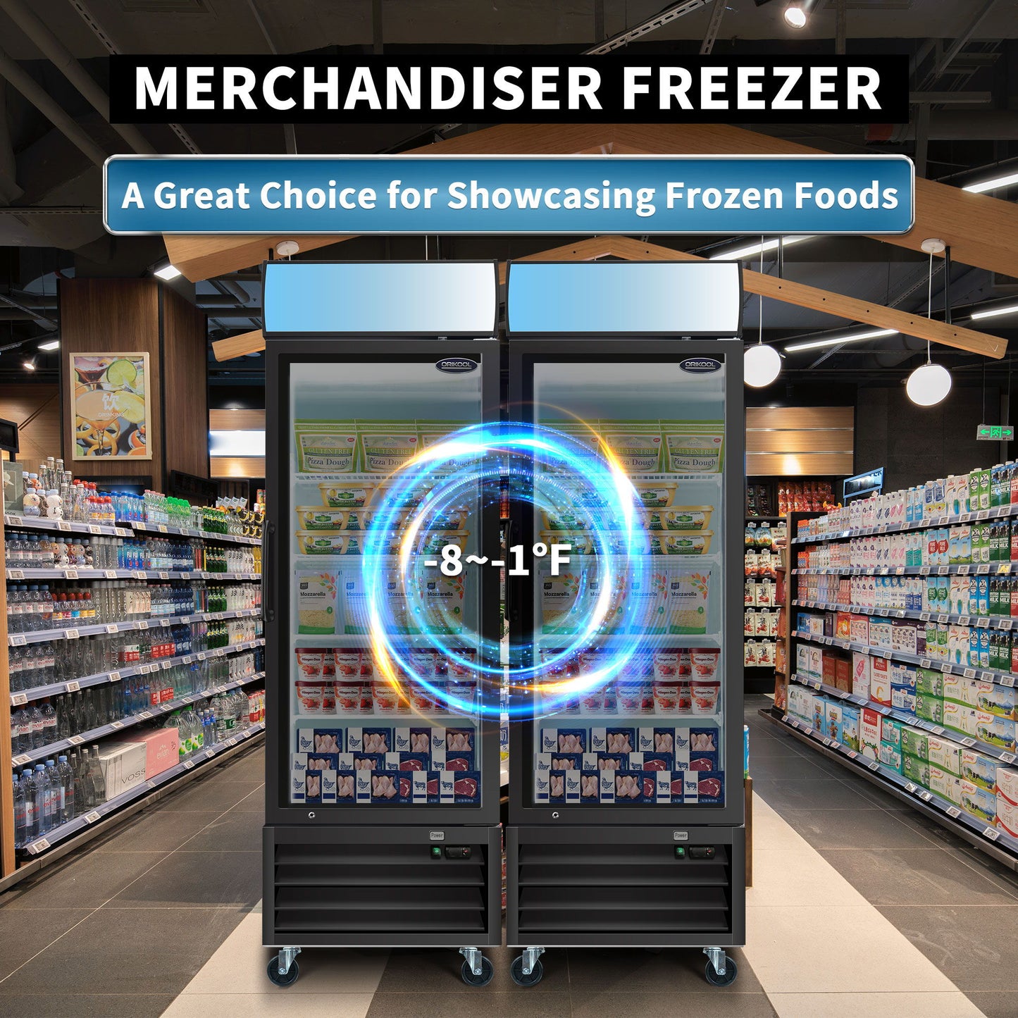 Glass Door Merchandiser Freezer Swing Door Commercial Reach-In Display Freezers With LED Top Panel Upright Freeze Storage