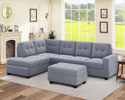 Modern Sectional Sofa With Reversible Chaise, L Shaped Couch Set With Storage Ottoman And Two Cup Holders For Living Room