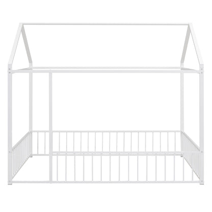 Metal Bed House Bed Frame With Fence, For Kids, Teens, Girls, Boys