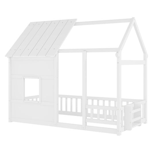 House Floor Bed With 7 Color LED Light, Built In Bookshelf