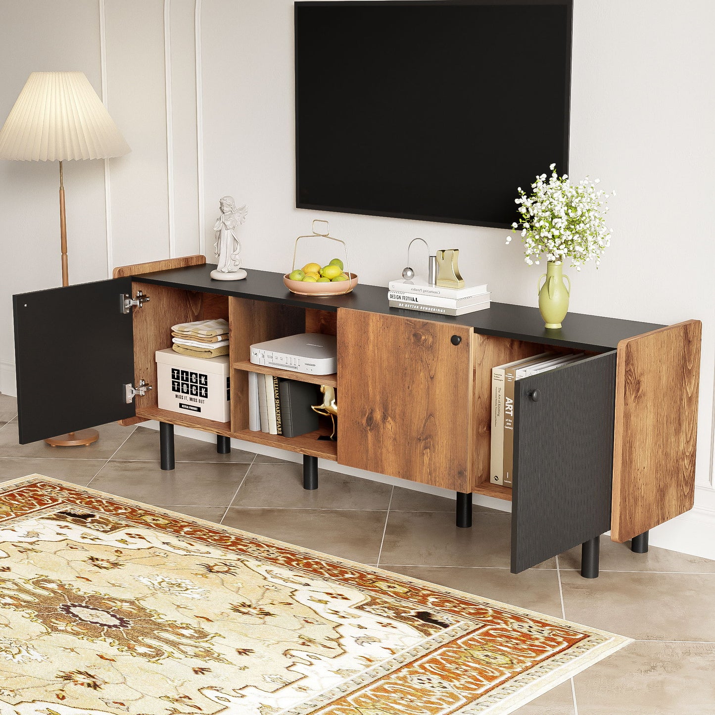 Mid Century TV Stand With 3 Cabinets, Media Console Table For Tvs Up To 70'', Entertainment Center With Storage For Living Room - Black / Brown