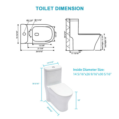 1 Piece Toilet For Bathroom, Dual Flush 1.22/1.6 Gpf, Soft Closing Seat - White