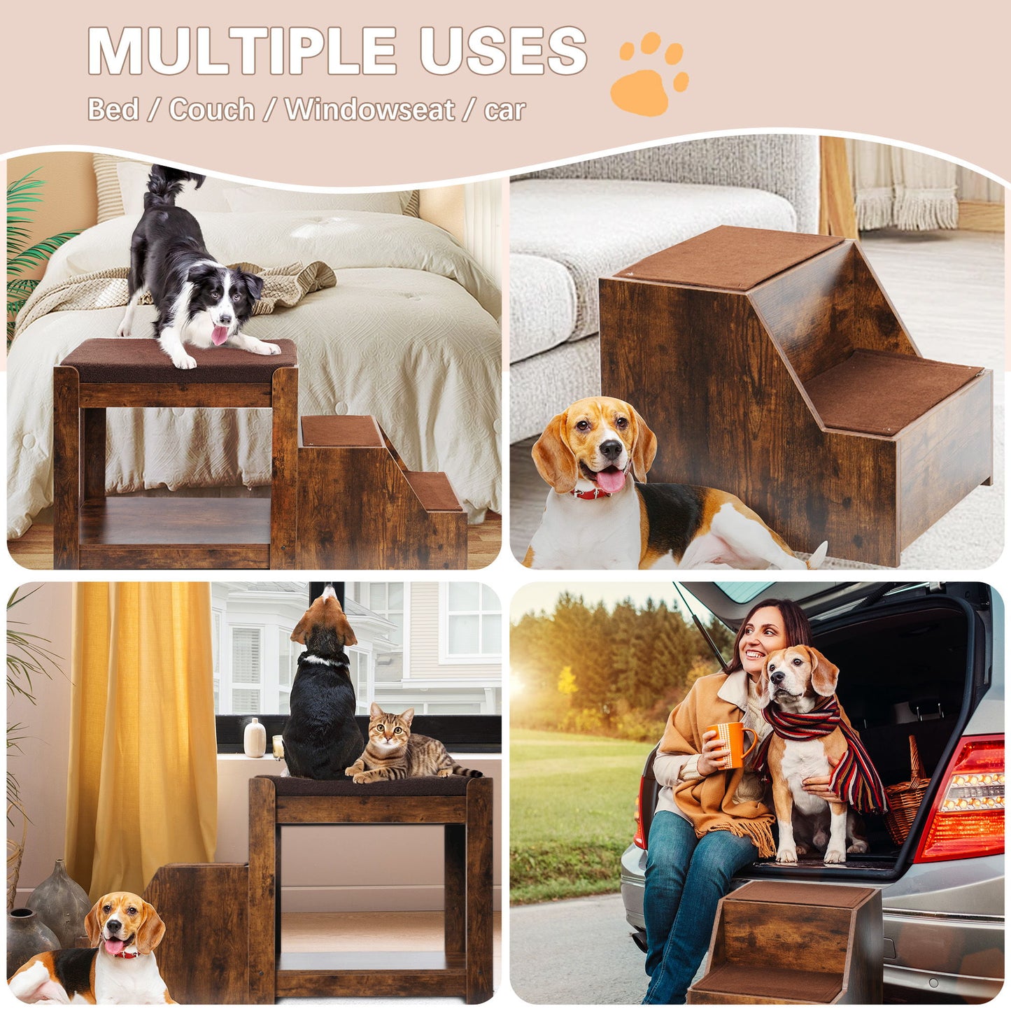 Pet Bunk Bed With Removable Step For Dogs And Cats, Multi-Level Bed Window Perch Seat Platform With Cushion And Cat Scratch Pad, Indoor Use - Dark Brown