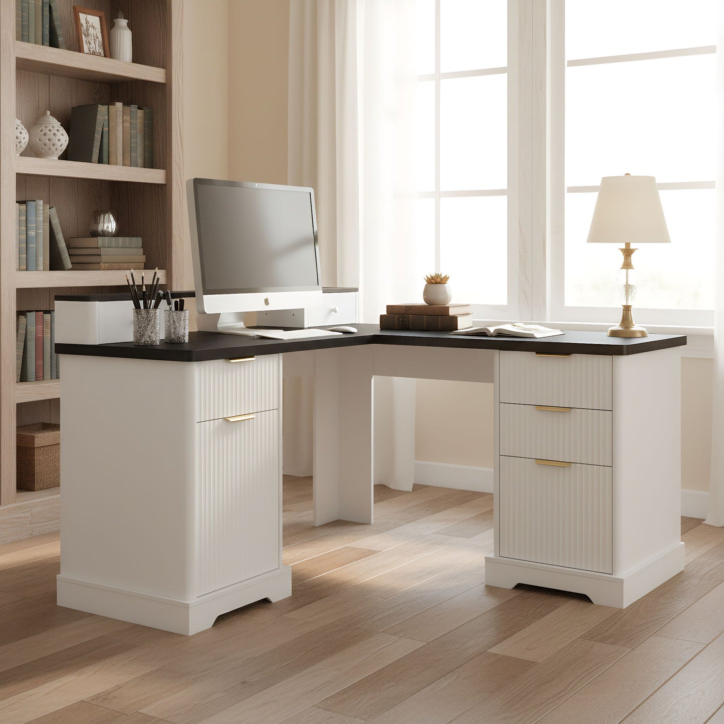 Fluted L-Shaped Desk With Charging Station & Storage Cabinet
