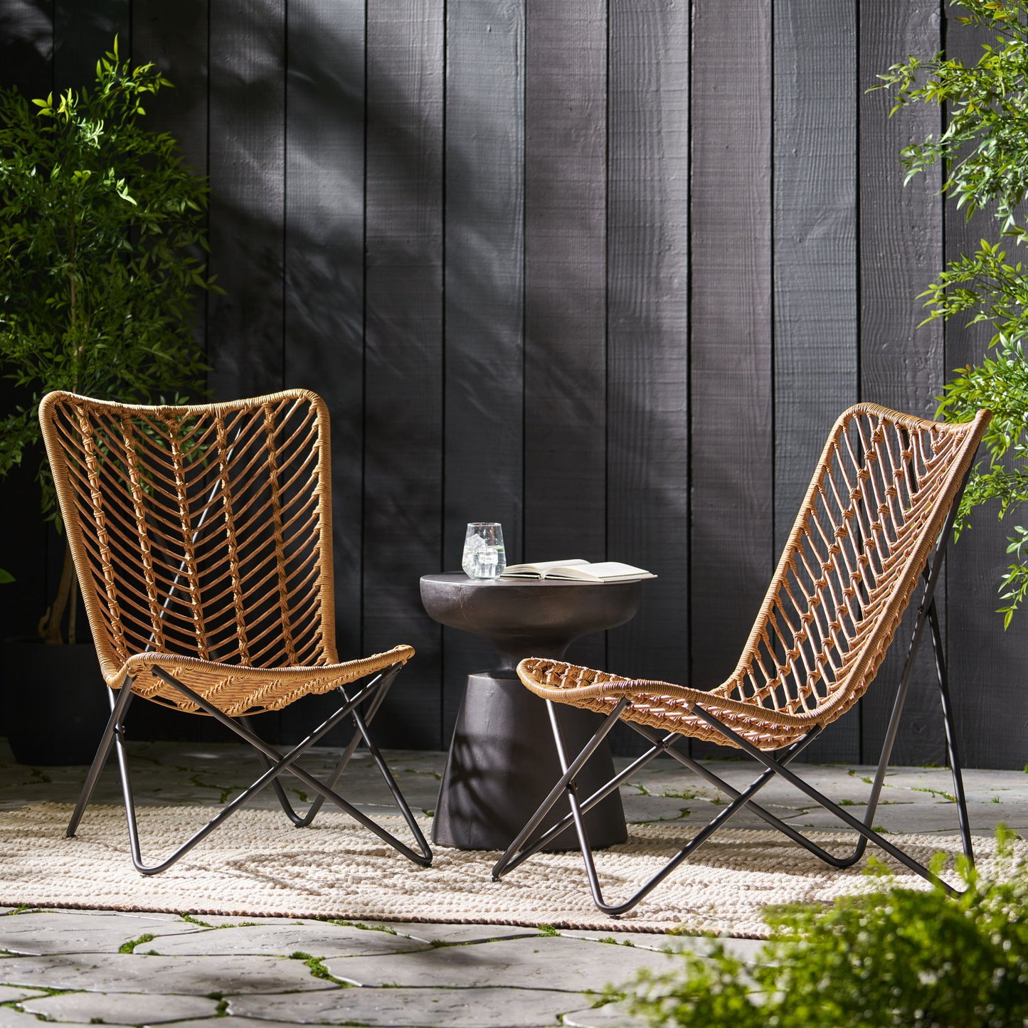 Wicker Chair With Geometric Cross Base, (Set of 2) - Light Brown