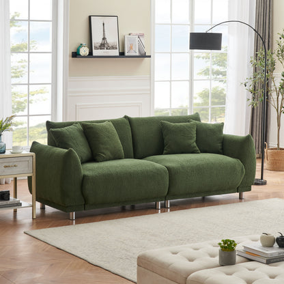 Teddy Wool Beige Sofa With Four Throw Pillows And Hardware Feet Can Sit Comfortably In An Apartment Bedroom Without Taking Up Space