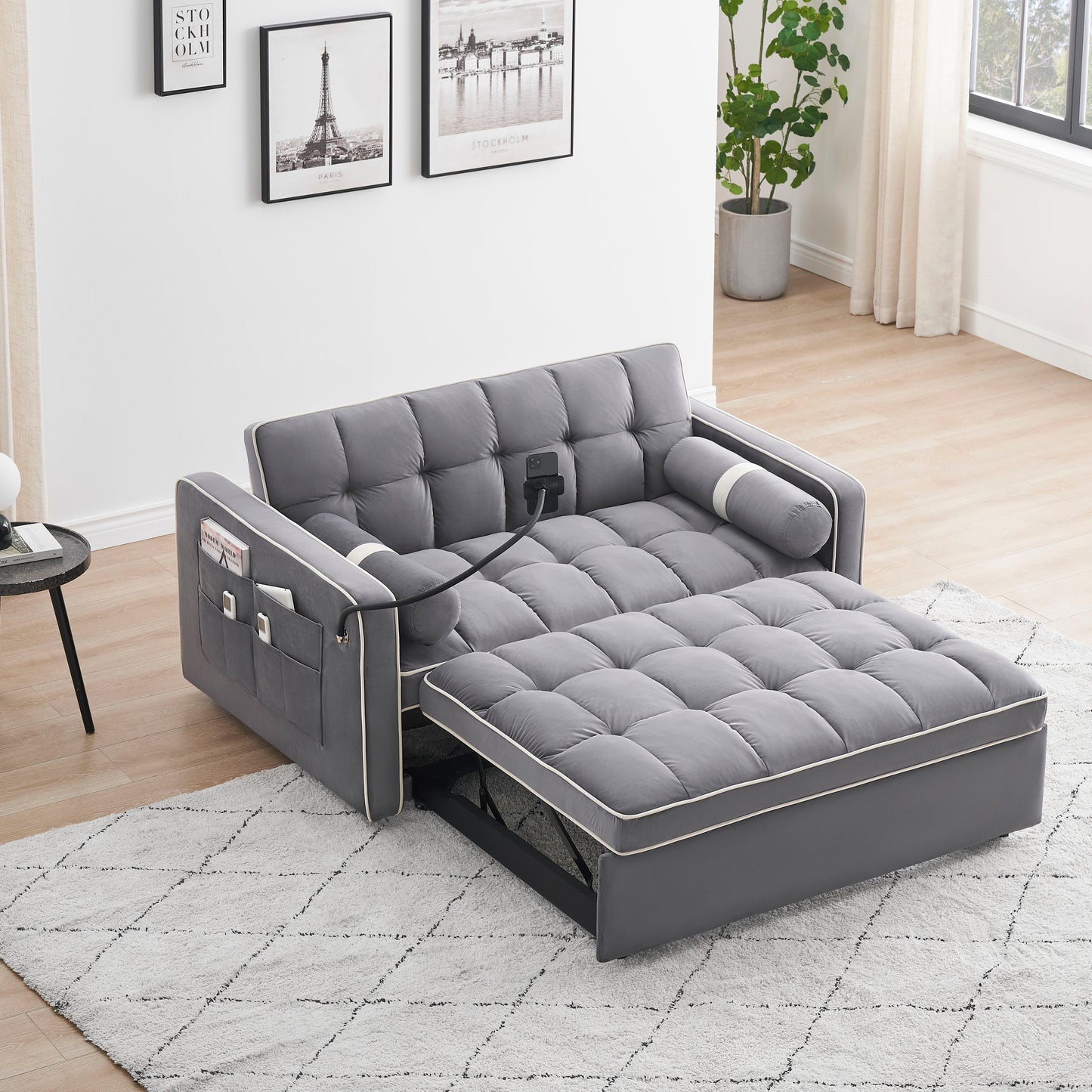 Modern Convertible Sleeper Sofa Couch With Pull Out Bed With Pillows & Side Pockets For Small Space, Living Room