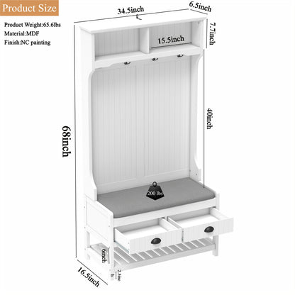 Modern 3 In 1 Hallway Hall Tree With Storage Drawers, Coat Rack, Shoe Rack Bench And Cushion