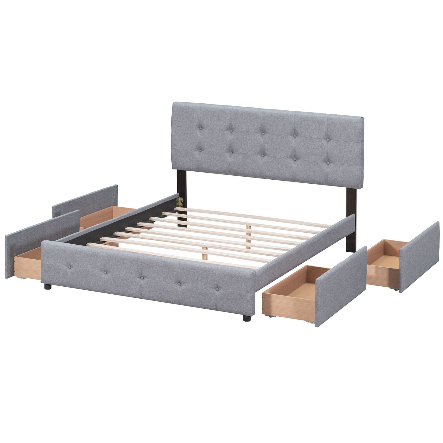 Upholstered Platform Bed With Classic Headboard And 4 Drawers, No Box Spring Needed