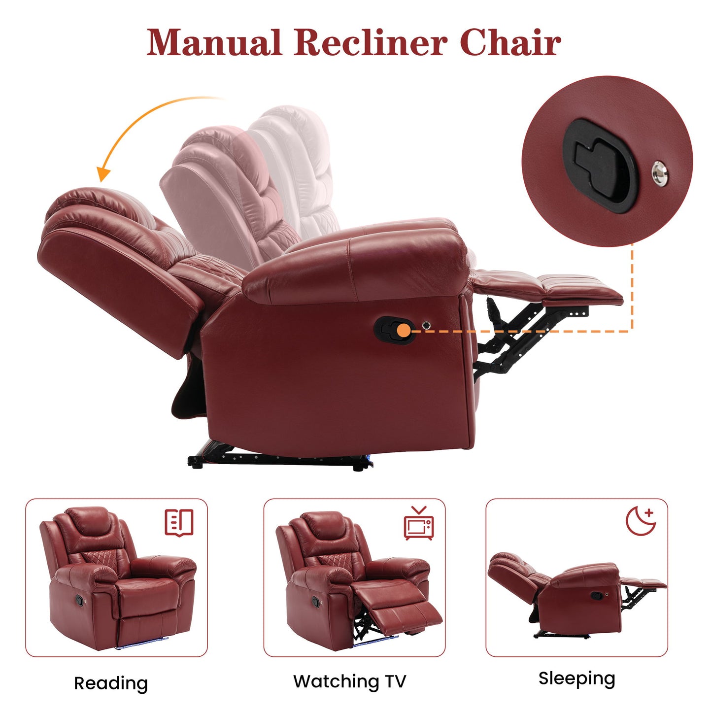 Home Theater Seating Manual Recliner Chair With Center Console And LED Light Strip For Living Room - Red