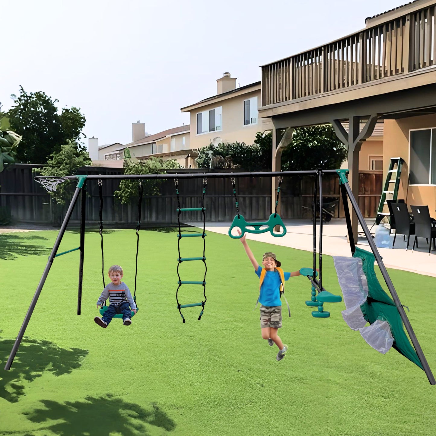 Interesting Four Function Swingset With Face To Face Metal Plastic Safe Swing Seat 550Lbs For Outdoor Playground For Age 3+ - Blackish Green