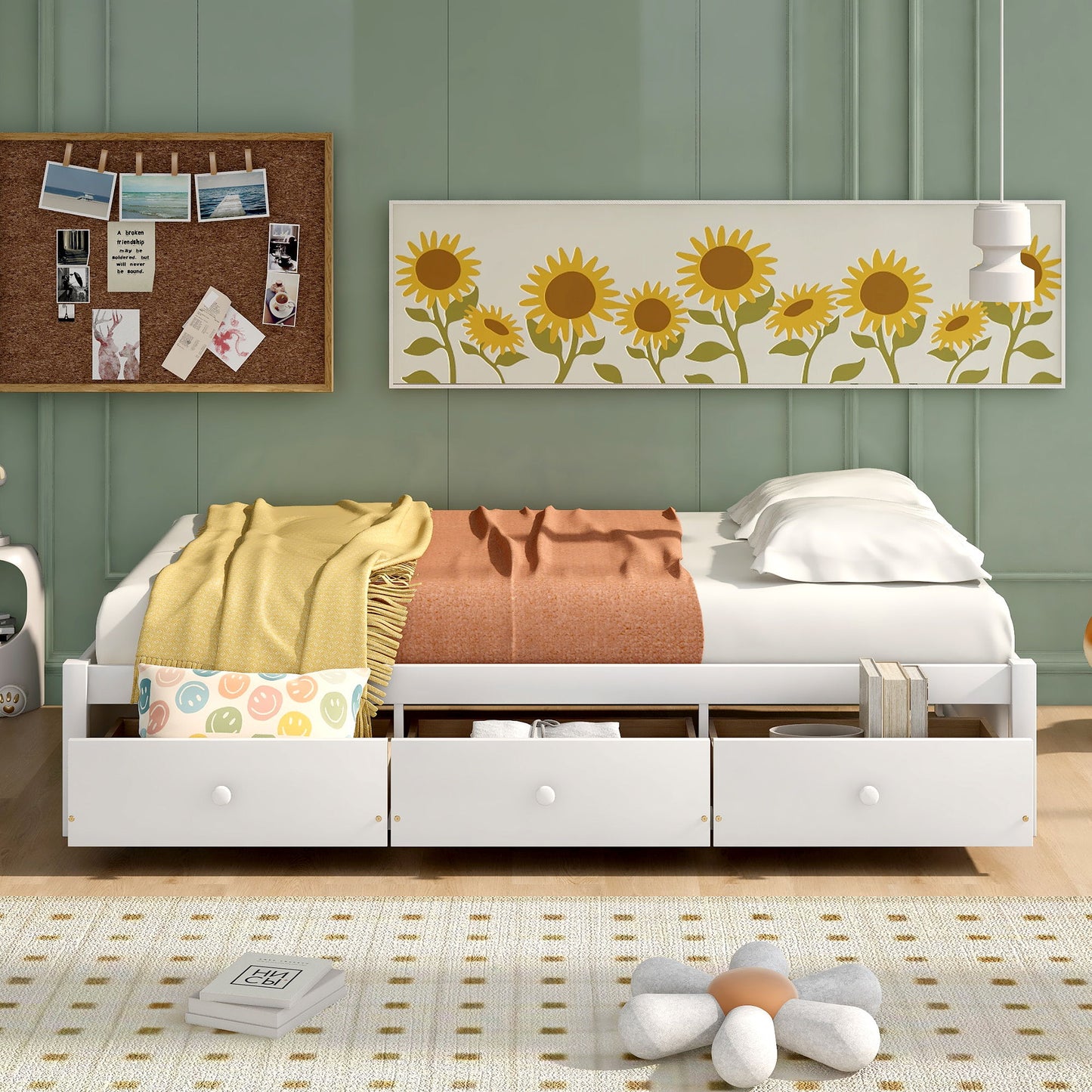 Twin Size Platform Storage Bed With 3 Drawers - White