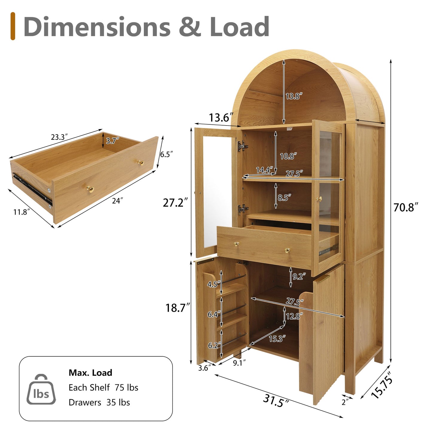 Fluted Tall Arched Pantry Cabinet With Adjustable Shelves