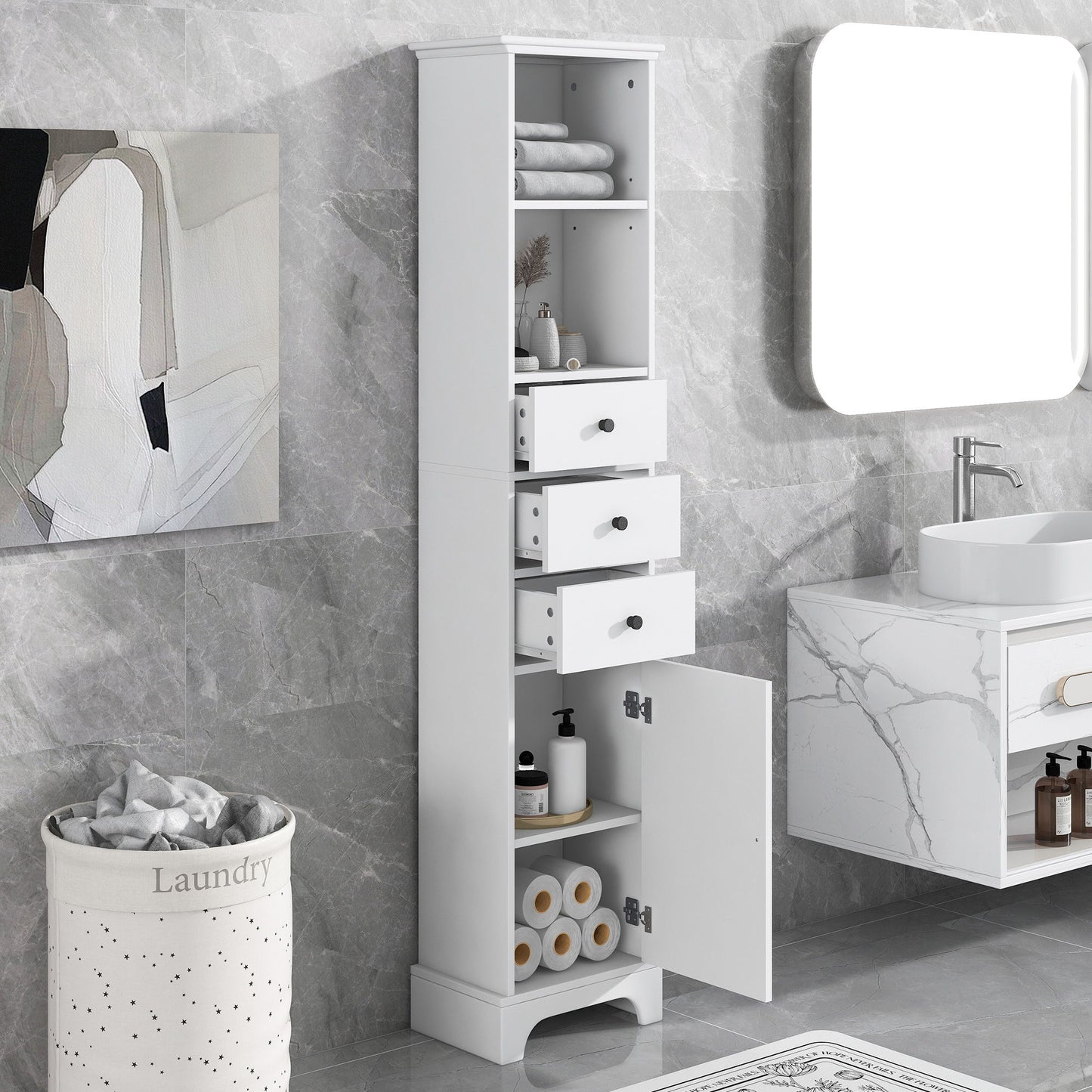Tall Storage Cabinet With 3 Drawers And Adjustable Shelves For Bathroom