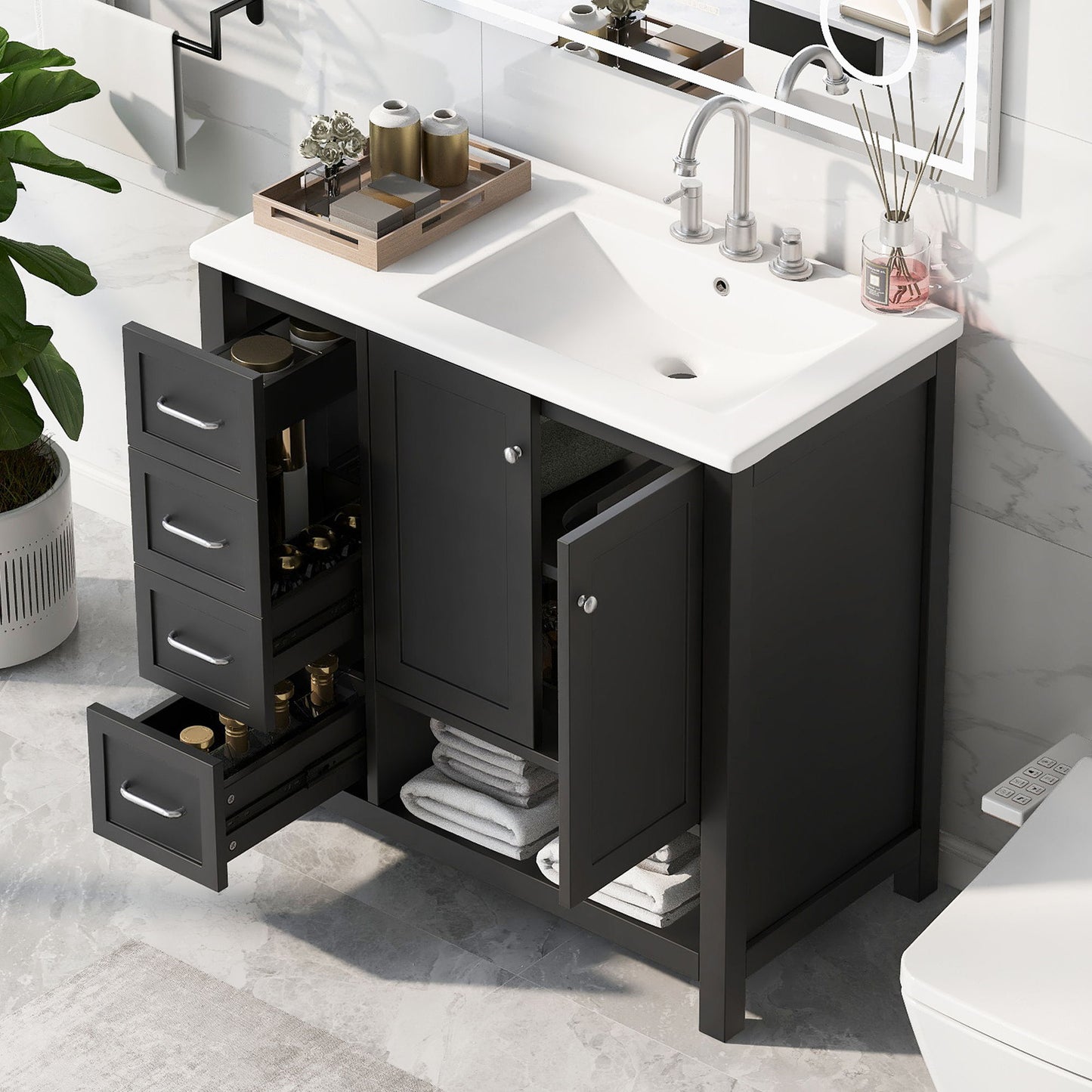 Bathroom Vanity With Sink Top, Bathroom Vanity Cabinet With 2 Doors And 2 Drawers, Open Shelf
