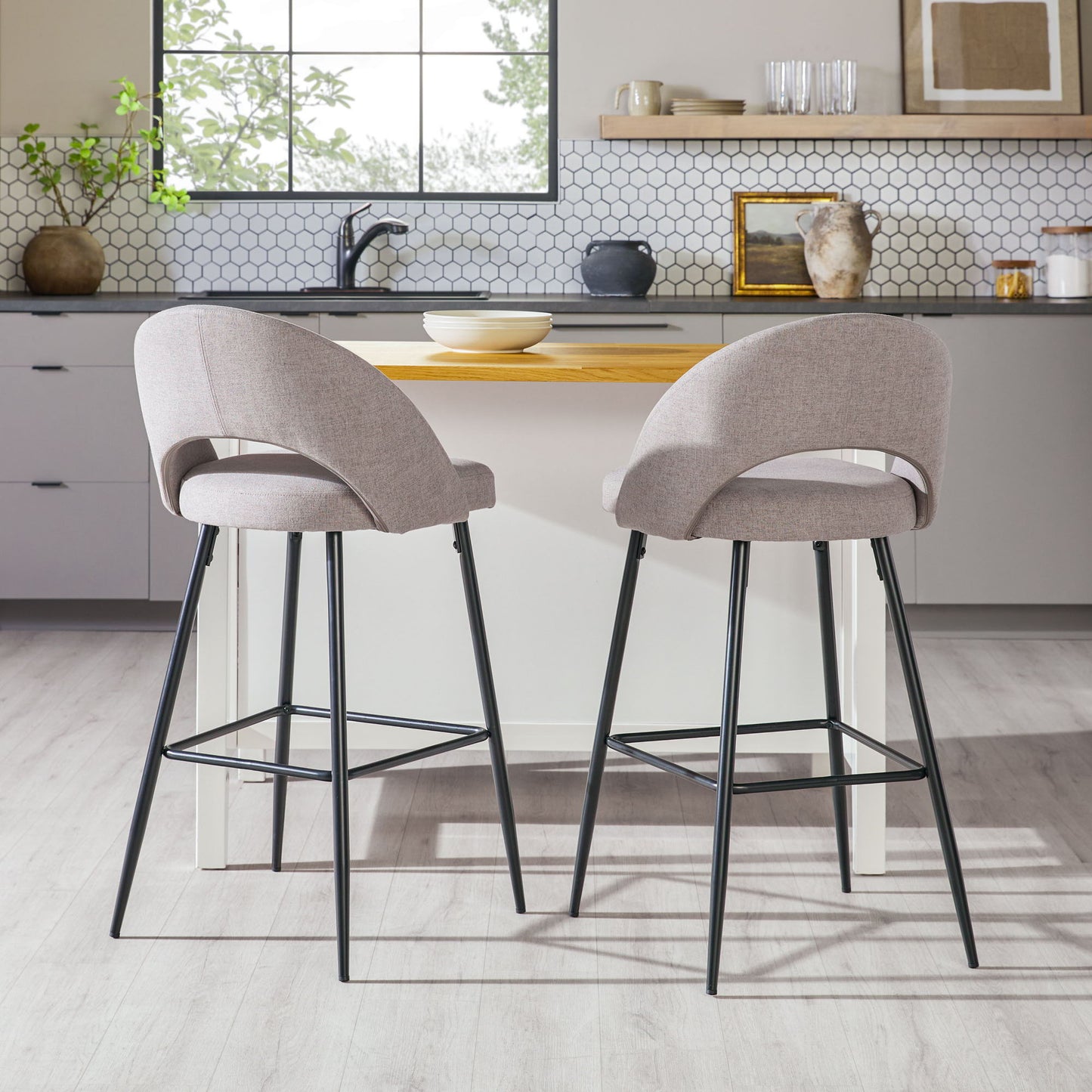 Modern 2 Piece Minimalist Upholstered Bar Stool Set - Mushroom