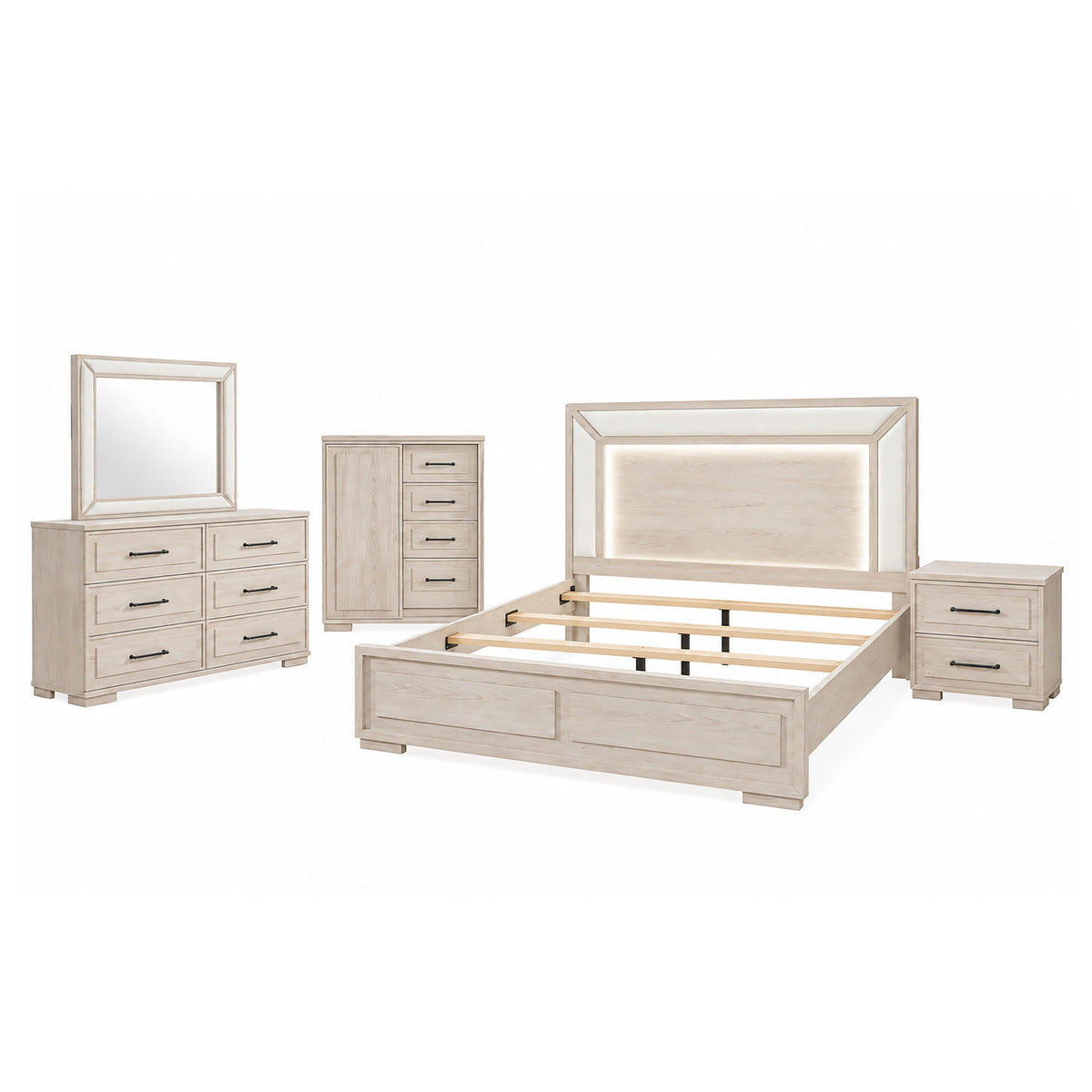 Ciara - King 5 Piece Bedroom Set With LED Lighting, Clean Lines And Upholstered Mirror - Beige