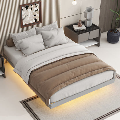 Floating Bed With LED Lights Underneath, Modern Low Profile Platform Bed With LED Lights