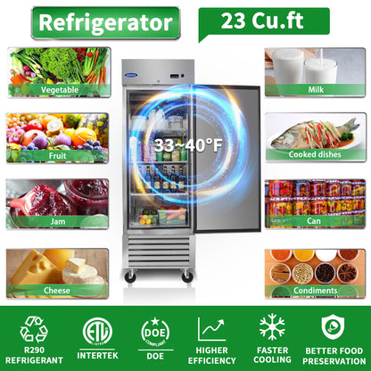 Commercial Refrigerator 23 Cu.Ft With 1 Solid Door Reach-In Refrigerators Stainless Steel Etl Approved Upright Fridge Storage - Silver