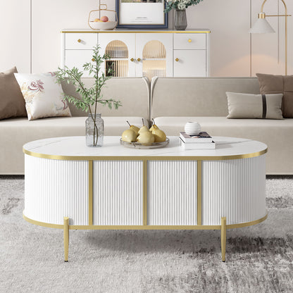 Modern Luxury Oval Shaped Fluted Coffee Table, Marble - Patterned Top Coffee Table With 2 Cabinets, Metal Legs And Handles For Living Room