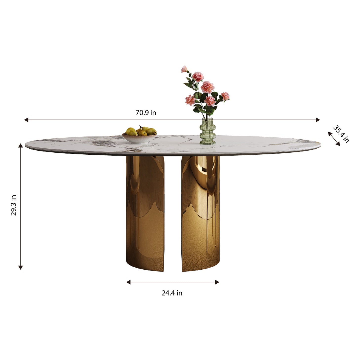 Oval Dining Table With Stainless Steel Base, Sturdy And Stable Design For Kitchen, Dining Room - Brown / White