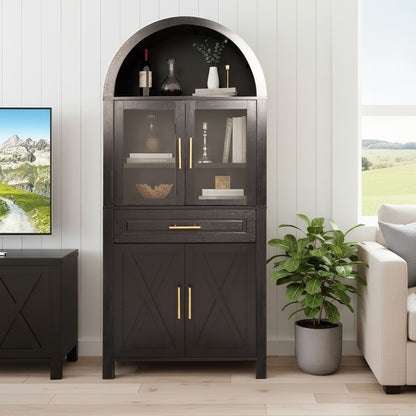 Arched Kitchen Pantry Cabinet With Adjustable Shelves And Barn Door Design