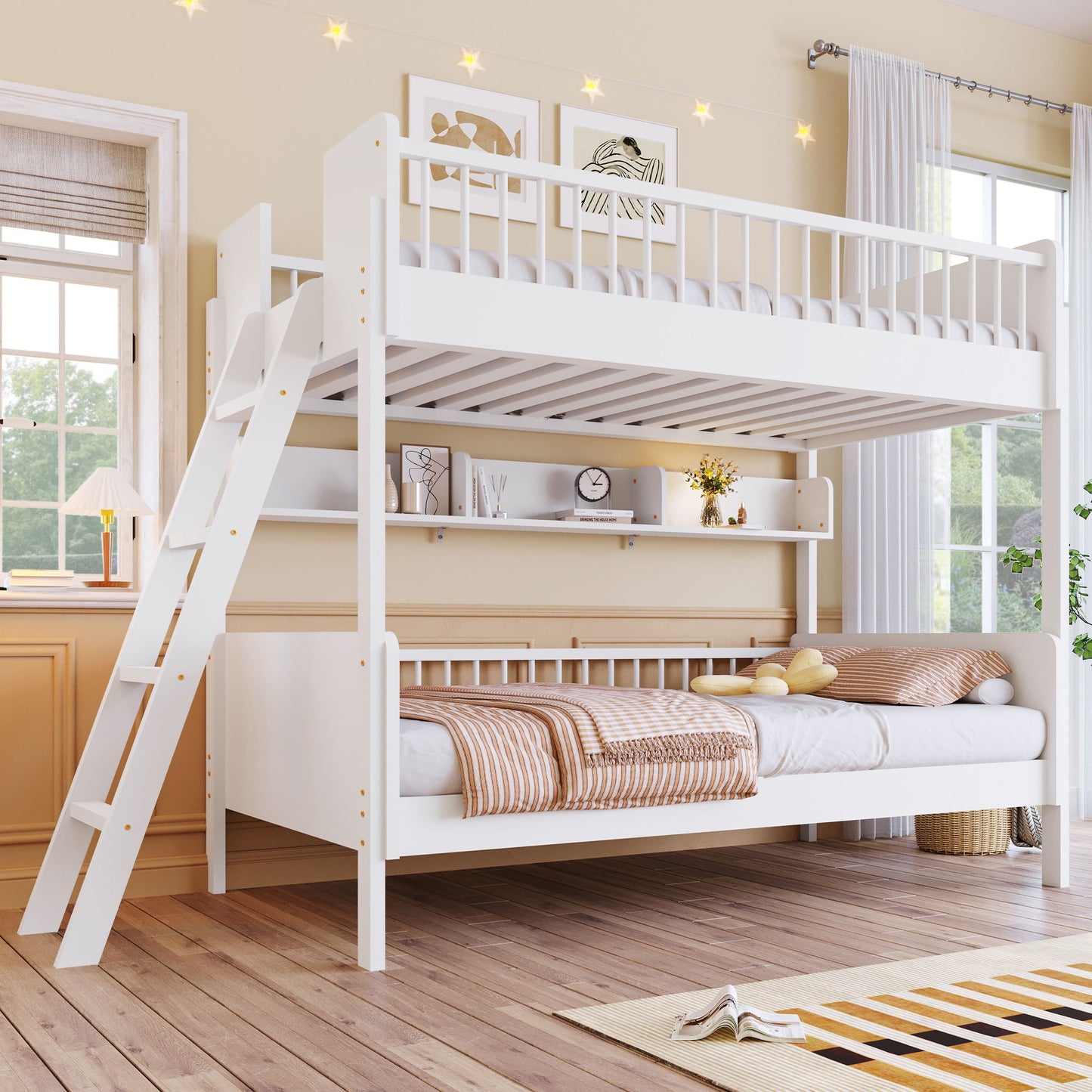 Bunk Bed With 3 Storage Shelves, Adjustable Ladder Left Or Right