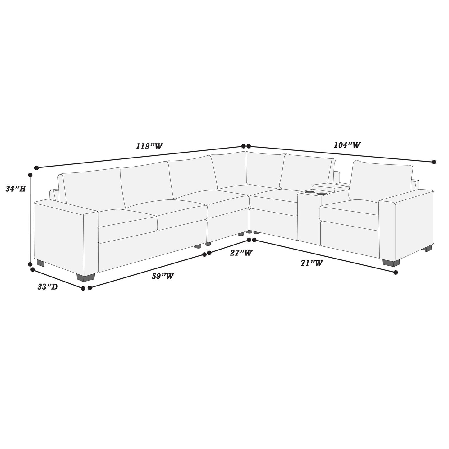 Modern Style L-Shape Sectional Set, USB Ports, Cup Holder