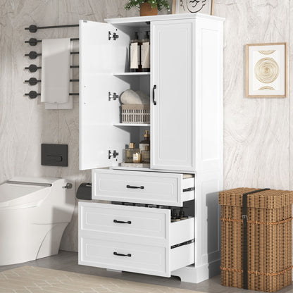 Tall Bathroom Storage Cabinet With 2 Doors And Drawers, Adjustable Shelf - White