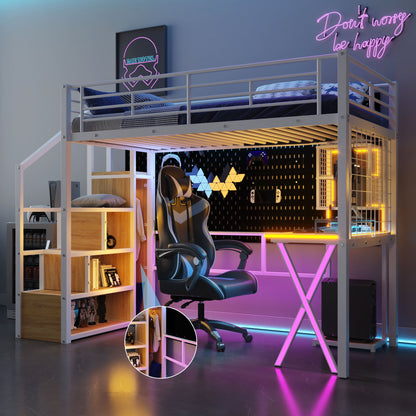Loft Bed With Built In Work Station, Wardrobe, Storage Staircase And LED