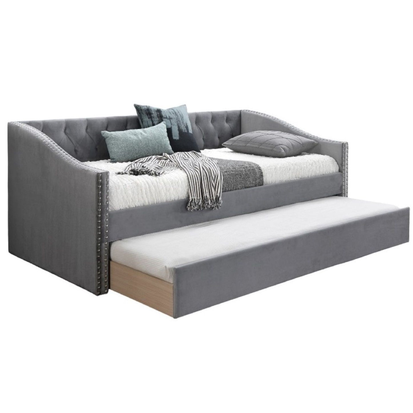 Daybed With Button Tufted Nailhead Trim And Trundle Slat Storage - Gray