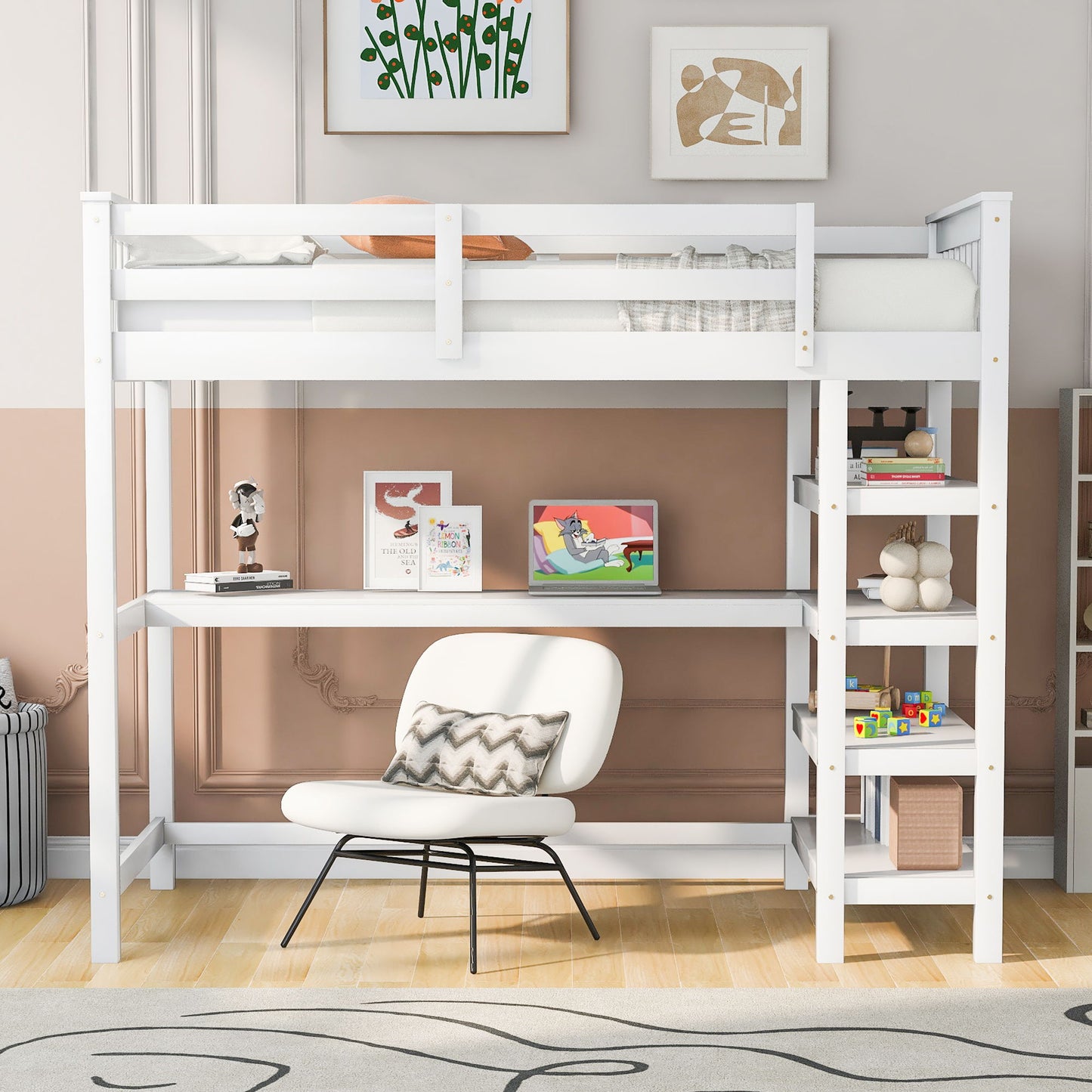 Loft Bed With Storage Shelves And Under Bed Desk