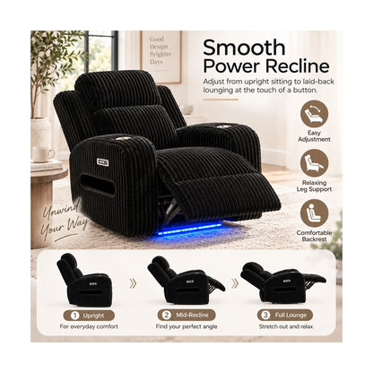 Power Recliner With Cup Holders And Ambient LED Lighting - Black