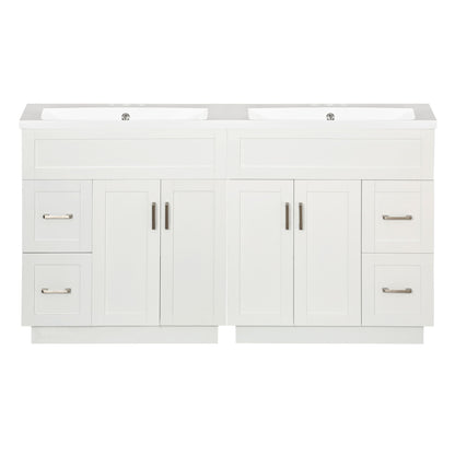 Bathroom Vanity With 4 Cabinet Doors, 4 Drawers, Dual Sinks, Hidden Soft Close Slides And Hinges - White
