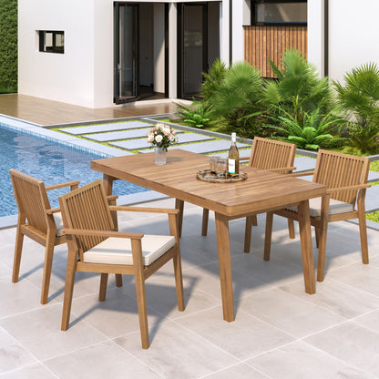 5 Piece Patio Furniture Set Acacia Wood Table And 4 Heavy Duty Cushioned Chairs