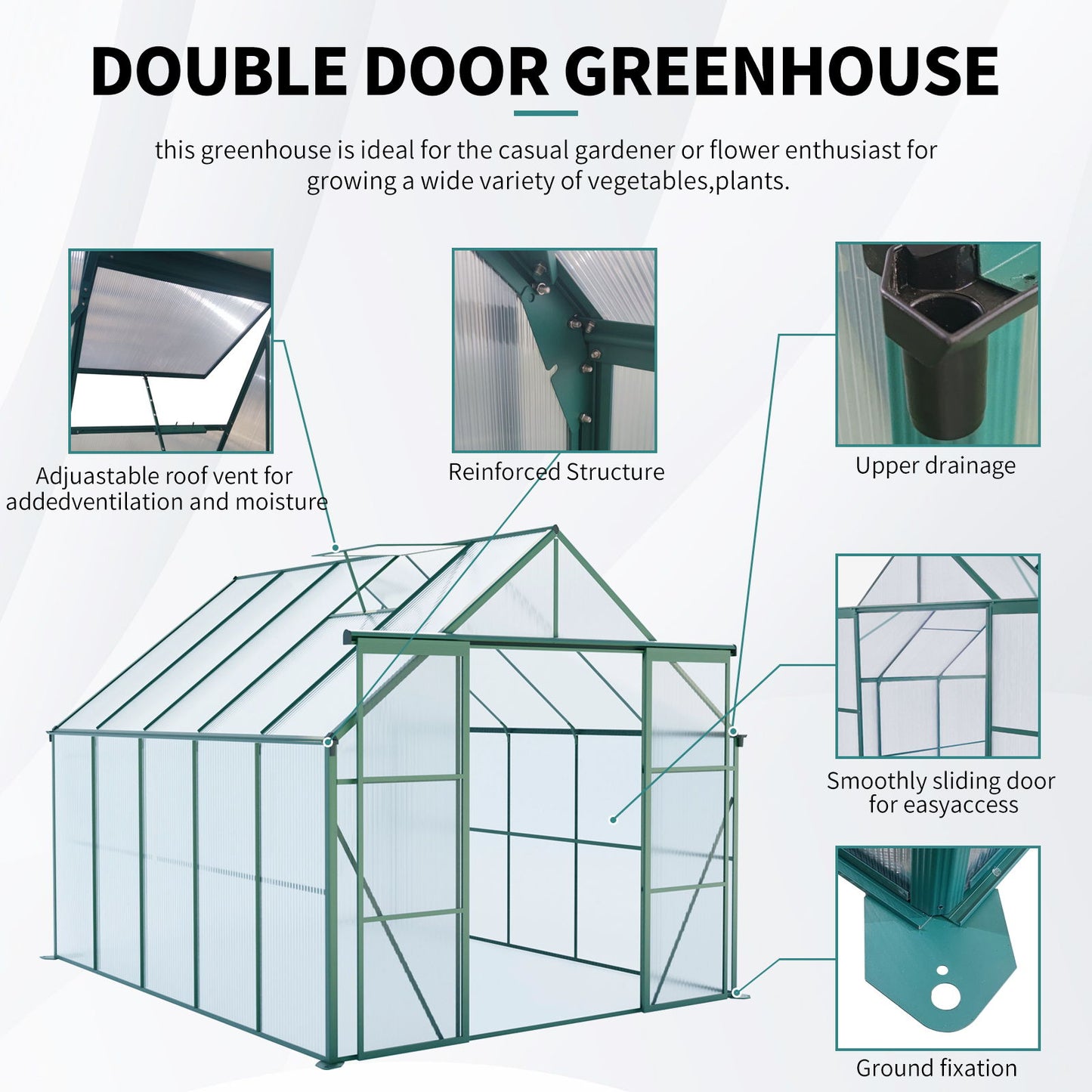 Double Door Polycarbonate Greenhouse Raised Base And Anchor Aluminum Heavy Duty Walk In Greenhouses For Outdoor Backyard In All Season