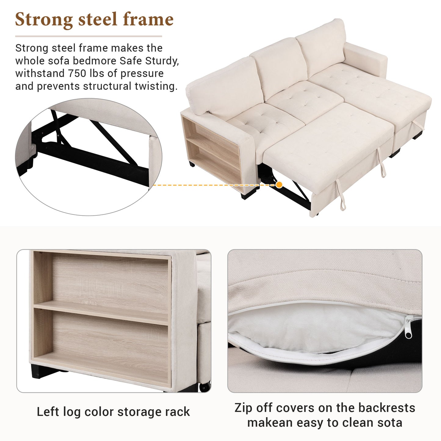 Stylish And Functional Light Chaise Lounge Sectional With Storage Rack Pull-Out Bed Drop Down Table And USB Charger