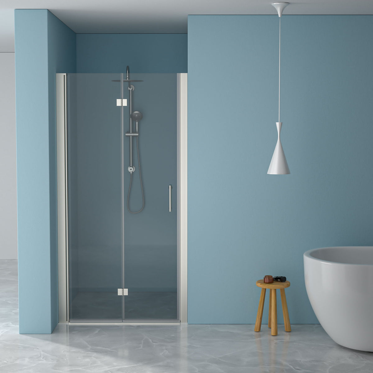 Frameless Bi Fold Shower Door With Tempered Glass - Brushed Silver