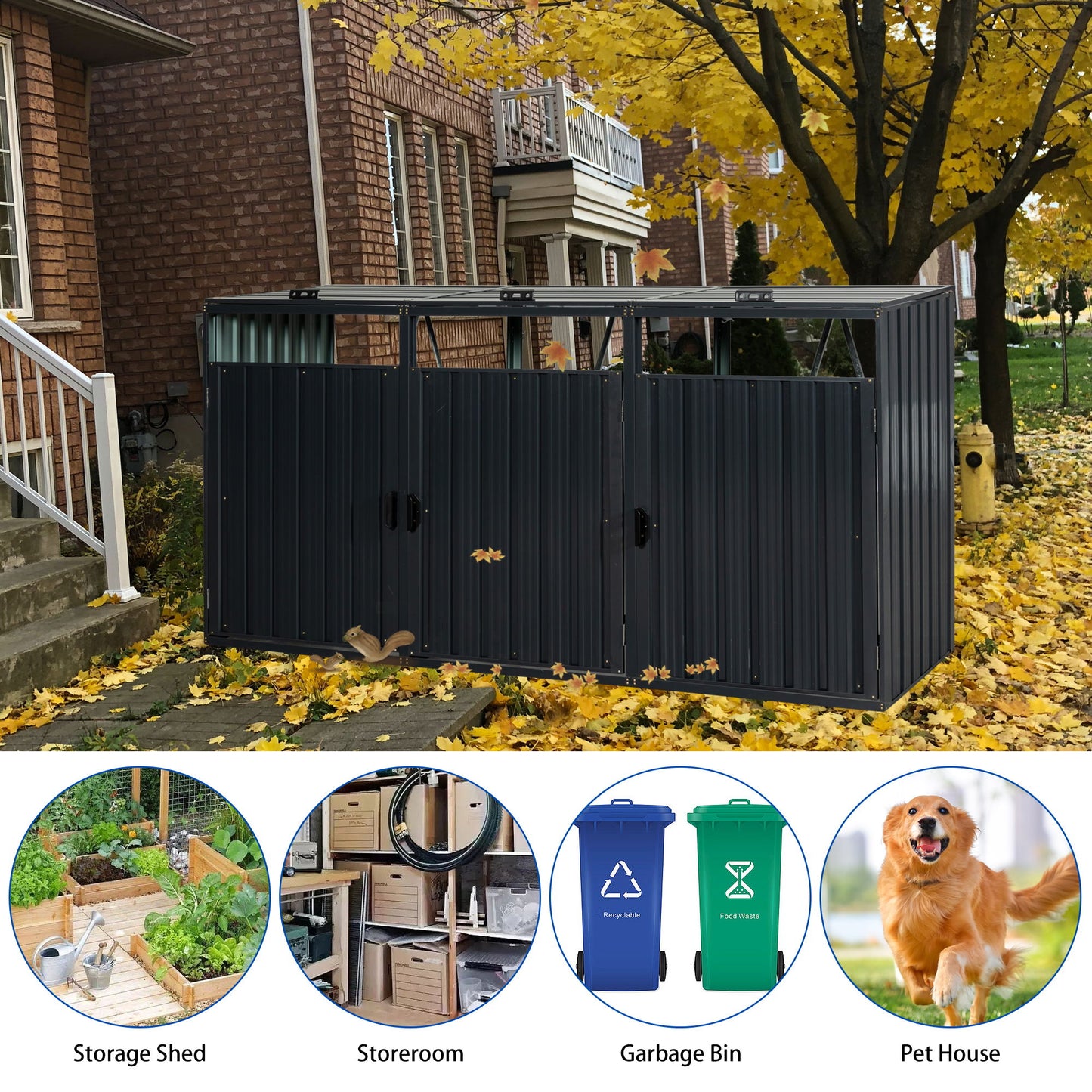 Garbage Bin Shed Stores 2 Trash Cans Metal Outdoor Bin Shed For Garbage Storage, Stainless Galvanized Steel, Bin Shed For Garden Yard Lawn