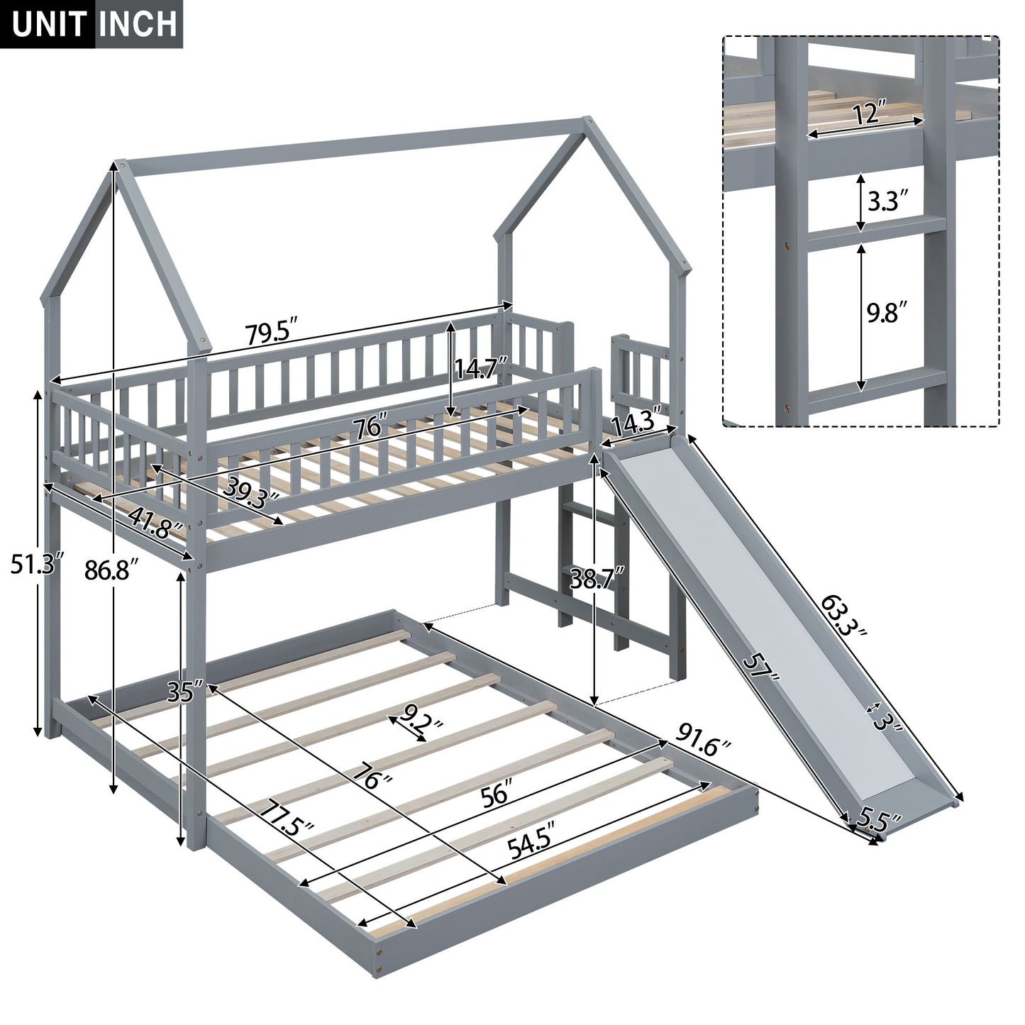 House Bunk Bed With Slide And Built In Ladder