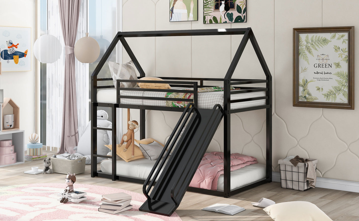 Twin Over Twin House Bunk Bed With Ladder And Slide