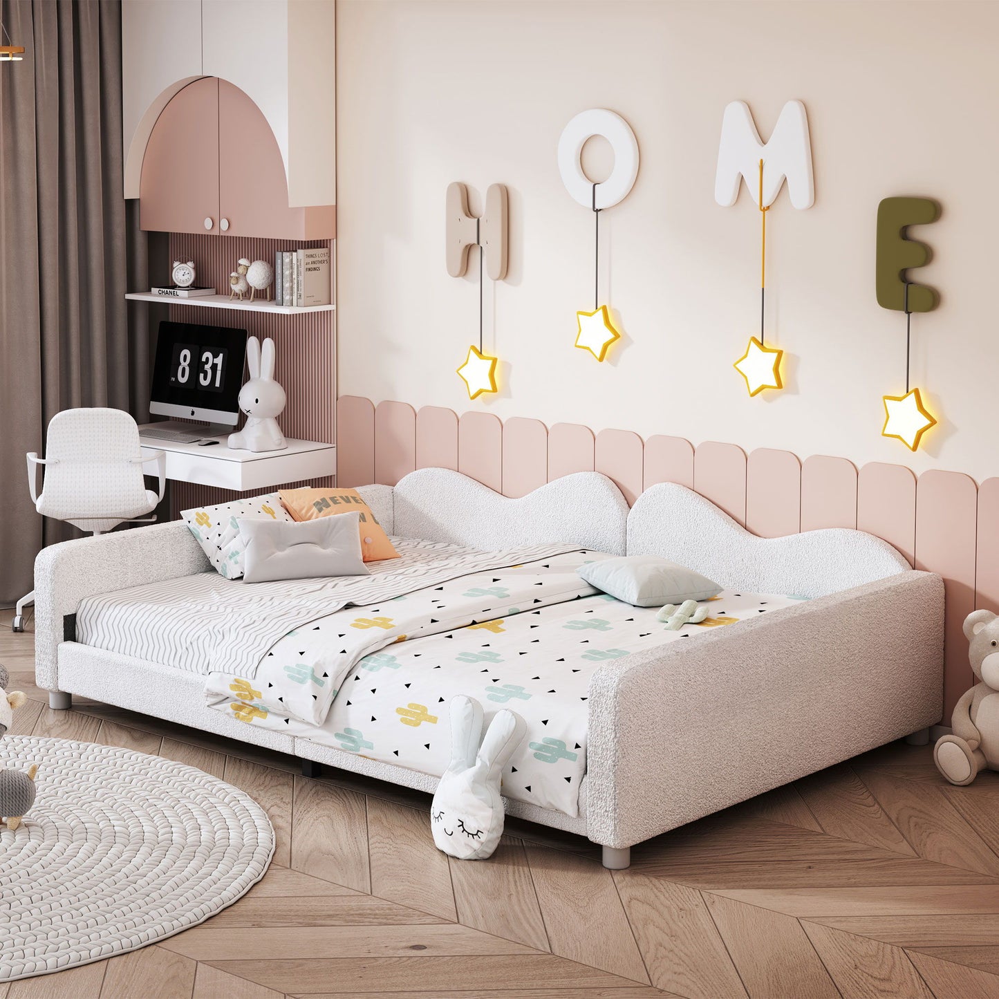 Upholstered Daybed, Sherpa Fabric Sofabed With Cloud-Shaped Backrest