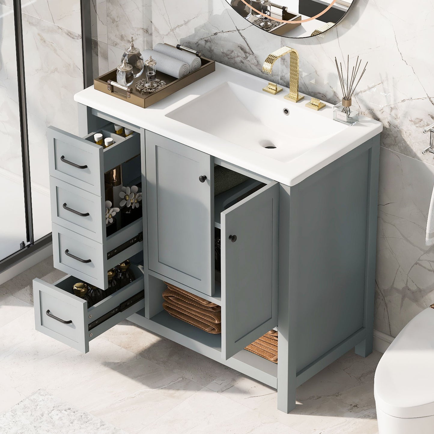 Bathroom Vanity With Sink Top, Bathroom Vanity Cabinet With 2 Doors And 2 Drawers, Open Shelf