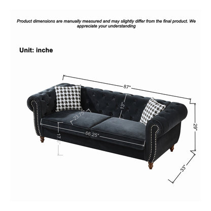 Chesterfield Upholstery Fabric Sofa With Roll Armrest & Nailhead, Mid Century Modern 3 And 3 Seater Couch