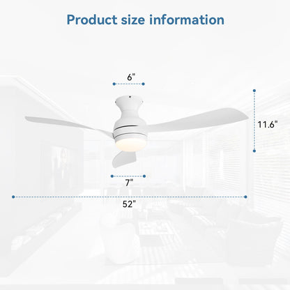 52" Low Profile Ceiling Fan With Lights, Quiet Reversible DC Motor, Dimmable LED, 3 Blades - White