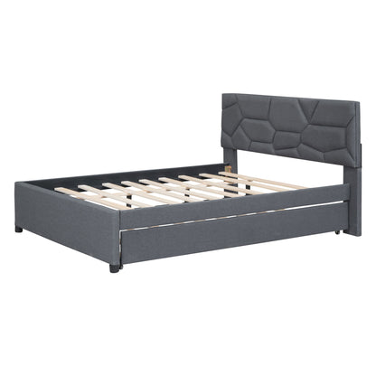 Upholstered Platform Bed With Brick Pattern Headboard And Twin Size Trundle, Linen