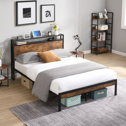 Metal Platform Bed Frame With Wooden Headboard And Footboard With USB Liner, No Box Spring Needed, Under Bed Storage