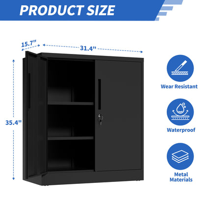 Heavy Duty Storage Cabinet With Lock, 2 Door File Cabinet With 2 Adjustable Shelves - Black