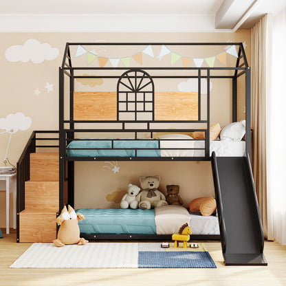 Metal Bunk Bed, Metal Housebed With Slide And Storage Stair